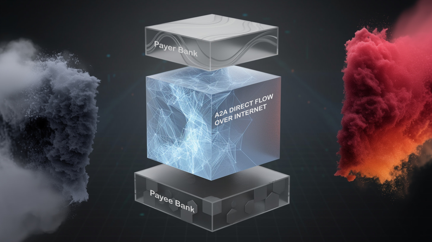 Visualización abstracta de flujo de pago directo, ruta única limpia conectando dos puntos representando transferencia banco a banco, escala de grises con línea de acento azul mostrando costo de 0.5%, diseño geométrico mínimo con espacio abierto sugiriendo liquidación instantánea y transparencia, arquitectura optimizada sin intermediarios