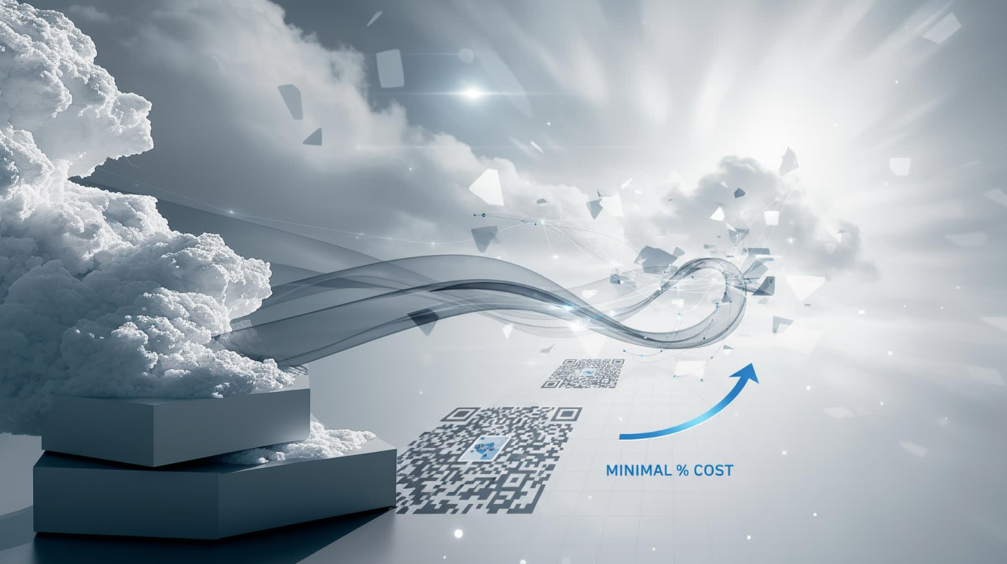 Configuración simplificada abstracta para pequeños negocios, patrón limpio de código QR con línea de coste mínima del 0.5%, escala de grises con acento azul, composición abierta y aireada sugiriendo libertad y eficiencia, sin necesidad de hardware