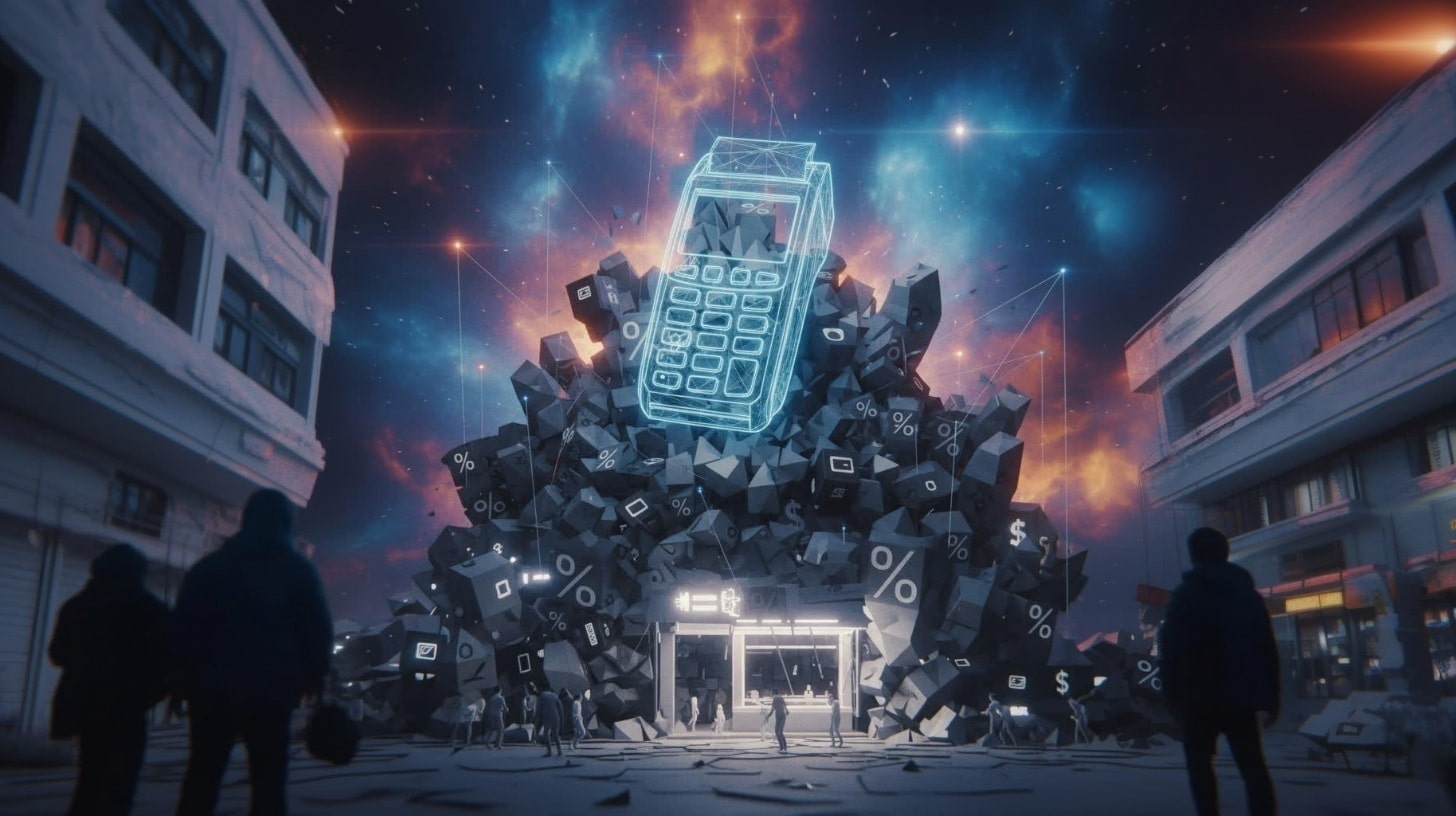 Visualización abstracta de carga para pequeños negocios con Square, contorno de dispositivo lector de tarjetas con capas de comisiones apiladas, escala de grises con formas geométricas pesadas representando comisiones del 2.9% más costes de hardware, elementos agrupados densos