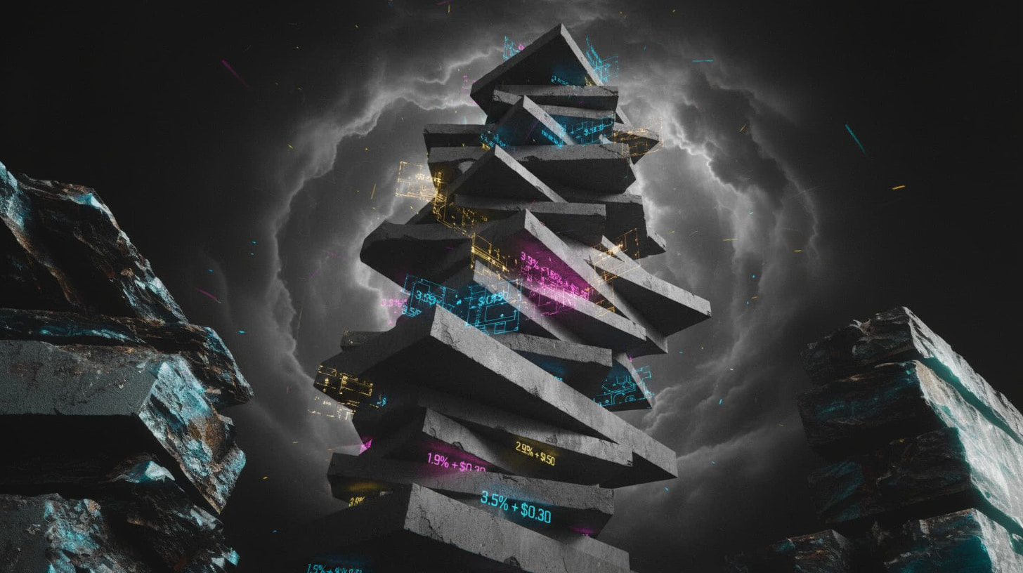 Visualización abstracta de altos costes de transacción, formas geométricas en capas pesadas apilándose representando 2.9% más comisiones fijas de $0.30, escala de grises con sombras oscuras sugiriendo peso y complejidad de estructuras de comisiones de procesamiento de tarjetas, múltiples capas densas representando costes por transacción