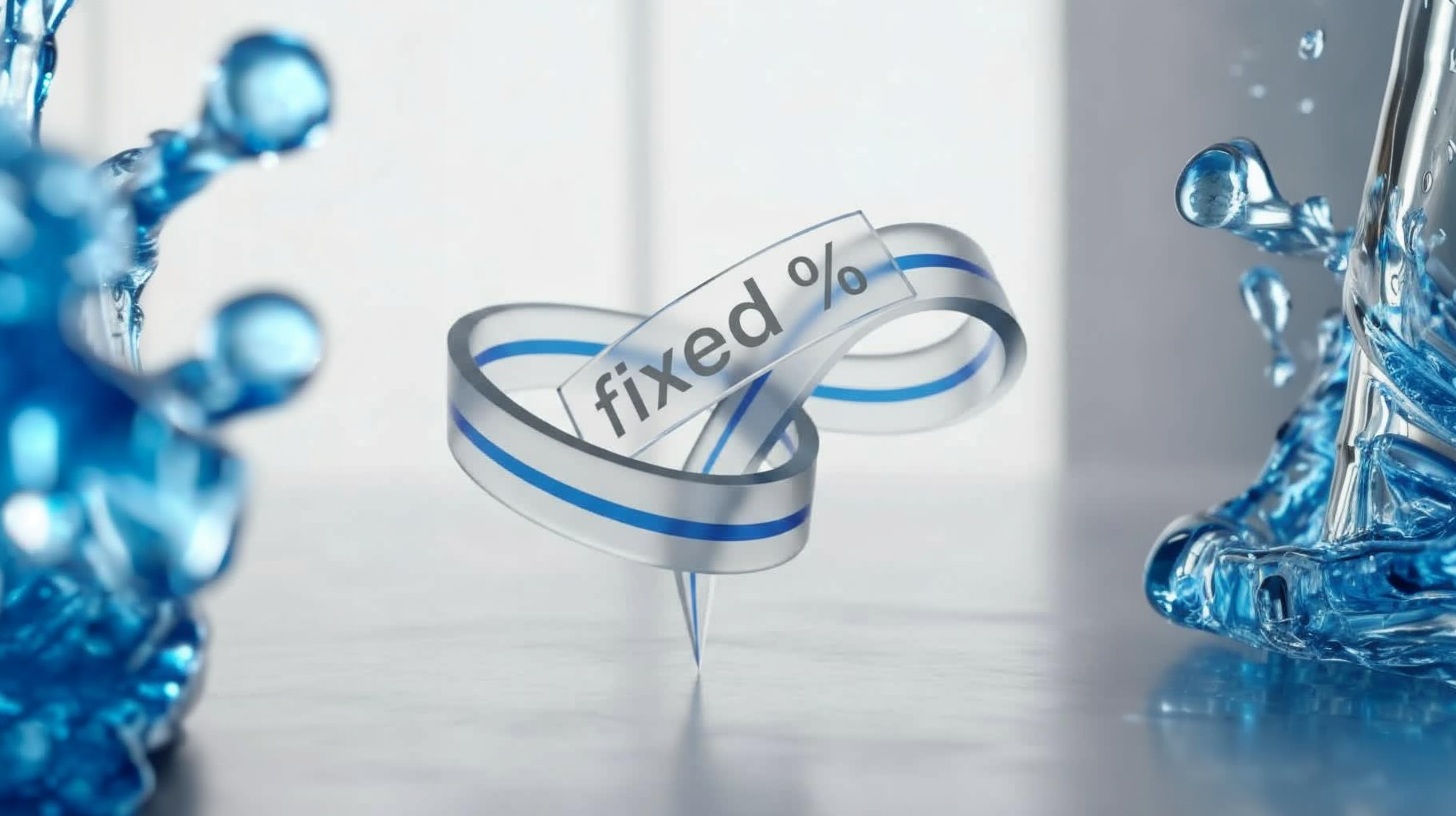 Abstract minimal geometric shape representing 0.5% fee, single clean form with blue accent, transparent and simple structure, light grayscale tones showing cost reduction, streamlined and efficient design