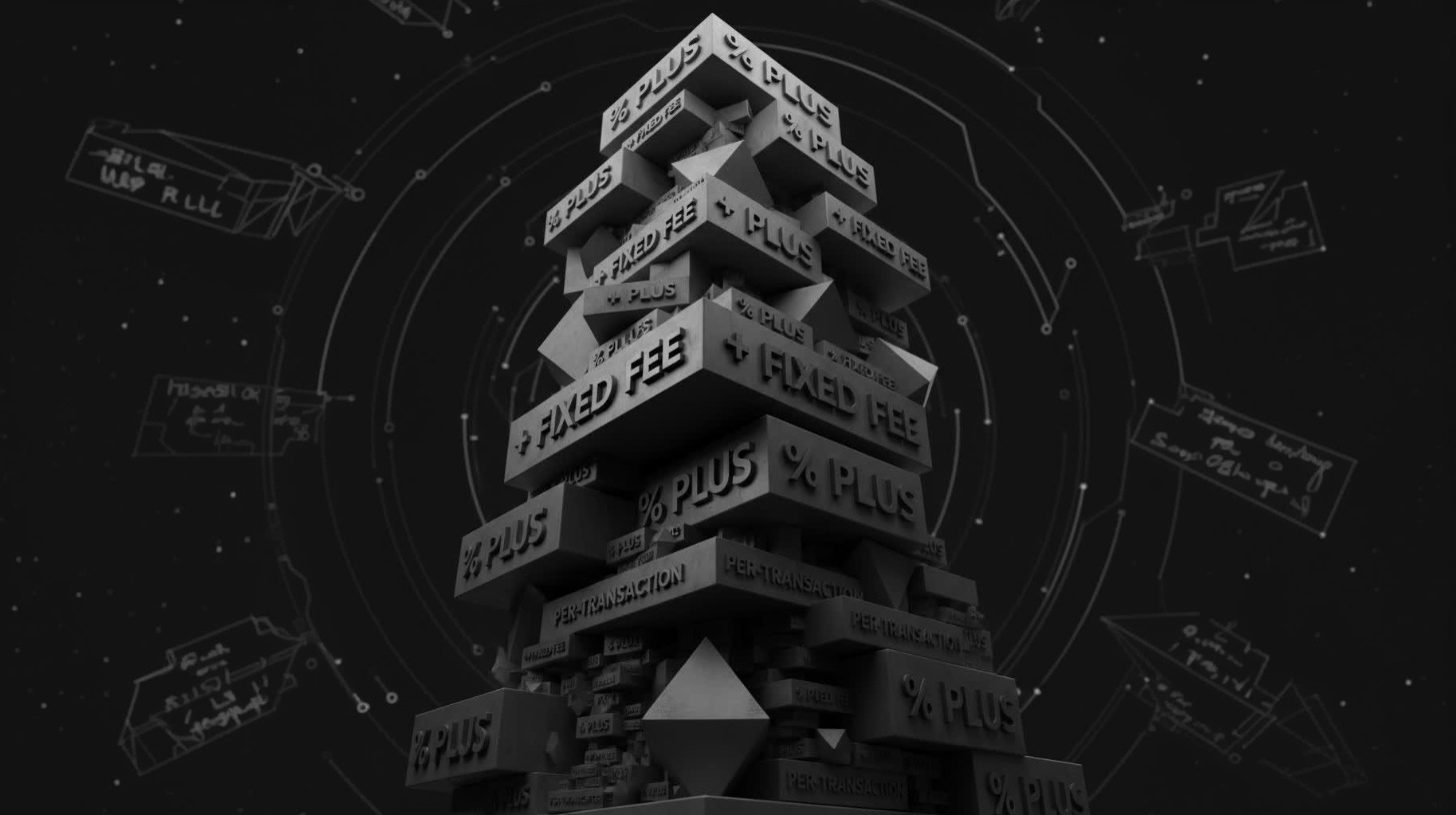 Abstract geometric visualization of heavy cost burden, large dark shapes representing high transaction fees, multiple layers showing hidden costs, complex fee structure with stacked geometric forms in grayscale