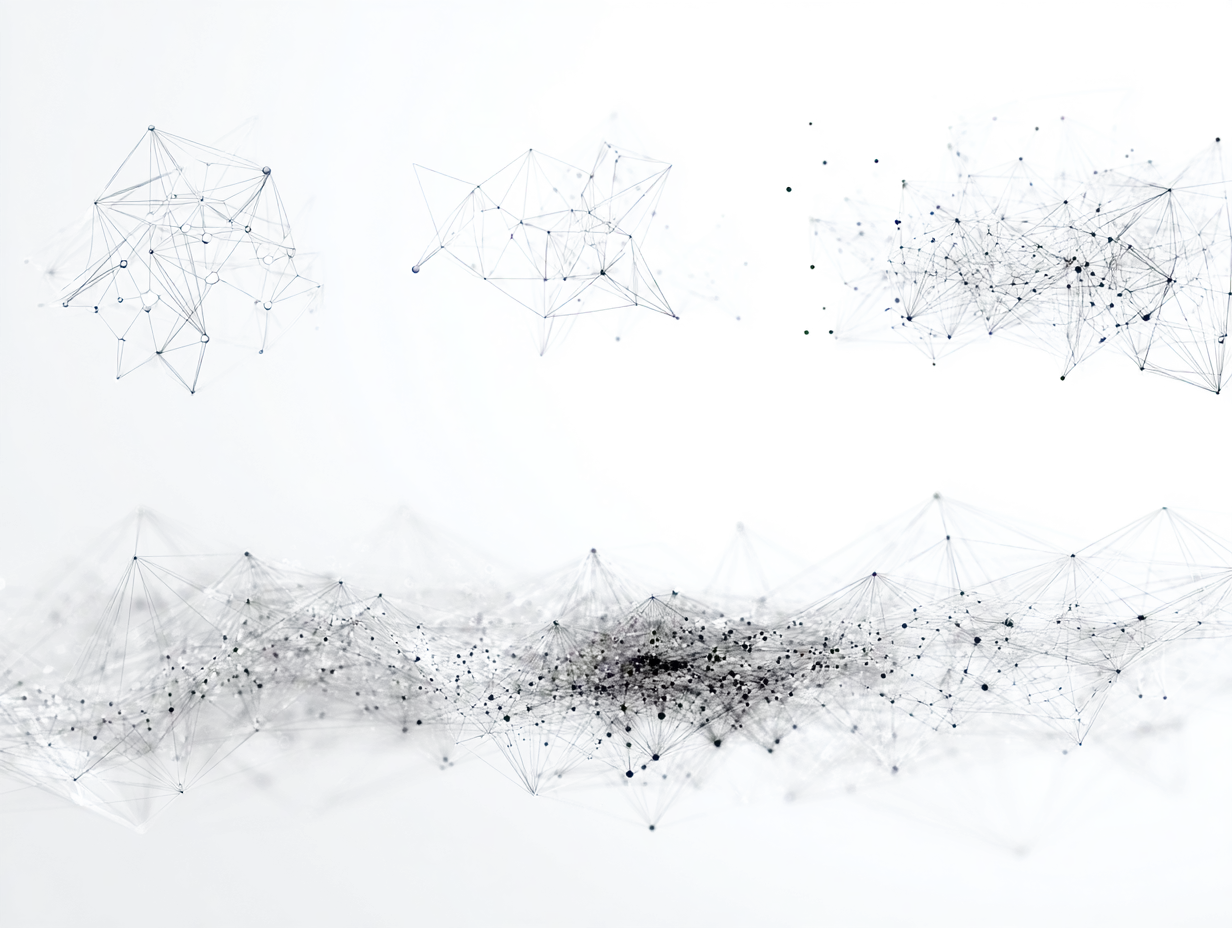 Network Effects Visual: Growth Heat Map - Abstract-tech visualization showing network evolution from single node to fully connected ecosystem. Left third: 5 geometric nodes with minimal connections. Center third: 15 nodes with moderate density. Right third: 35+ nodes with dense interconnection web. Progressive visual density creates narrative flow. Motion suggestion through light particles with motion blur along connections. Network value shown through density (Cool Gray spectrum). Network value formula n(n-1)/2 displayed. Three labeled milestones: 5 nodes → 15 nodes → 35+ nodes. Abstract geometry with metallic depth, grayscale palette emphasizing value through density not color.